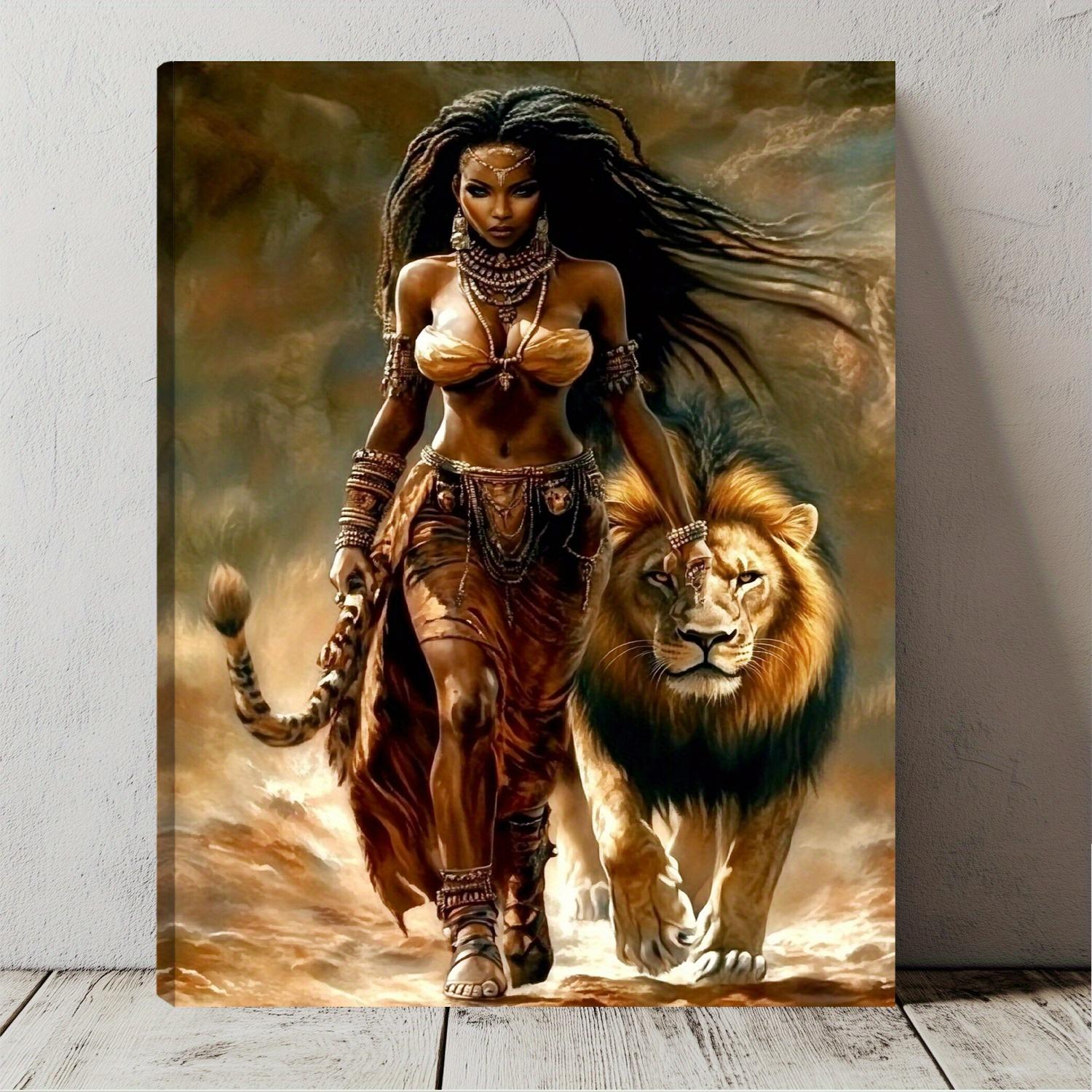 African Queen and Lion Wooden Frame Canvas Print, Vibrant colors, Traditional costumes and Lion details - Elegant home decor, unique gift for women, bedroom or living room, Lion wall decor, living room artwork, fine craftsmanship
