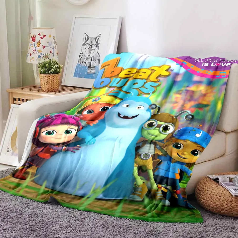 Beat Bugs Main Cast Bright Cartoon Print Cotton Flannel Blanket - Wrinkle-Free All-Season Cozy Fabric, Travel Use Blanket, Kids' 1st Birthday Gift, Whimsical Home Decor Items