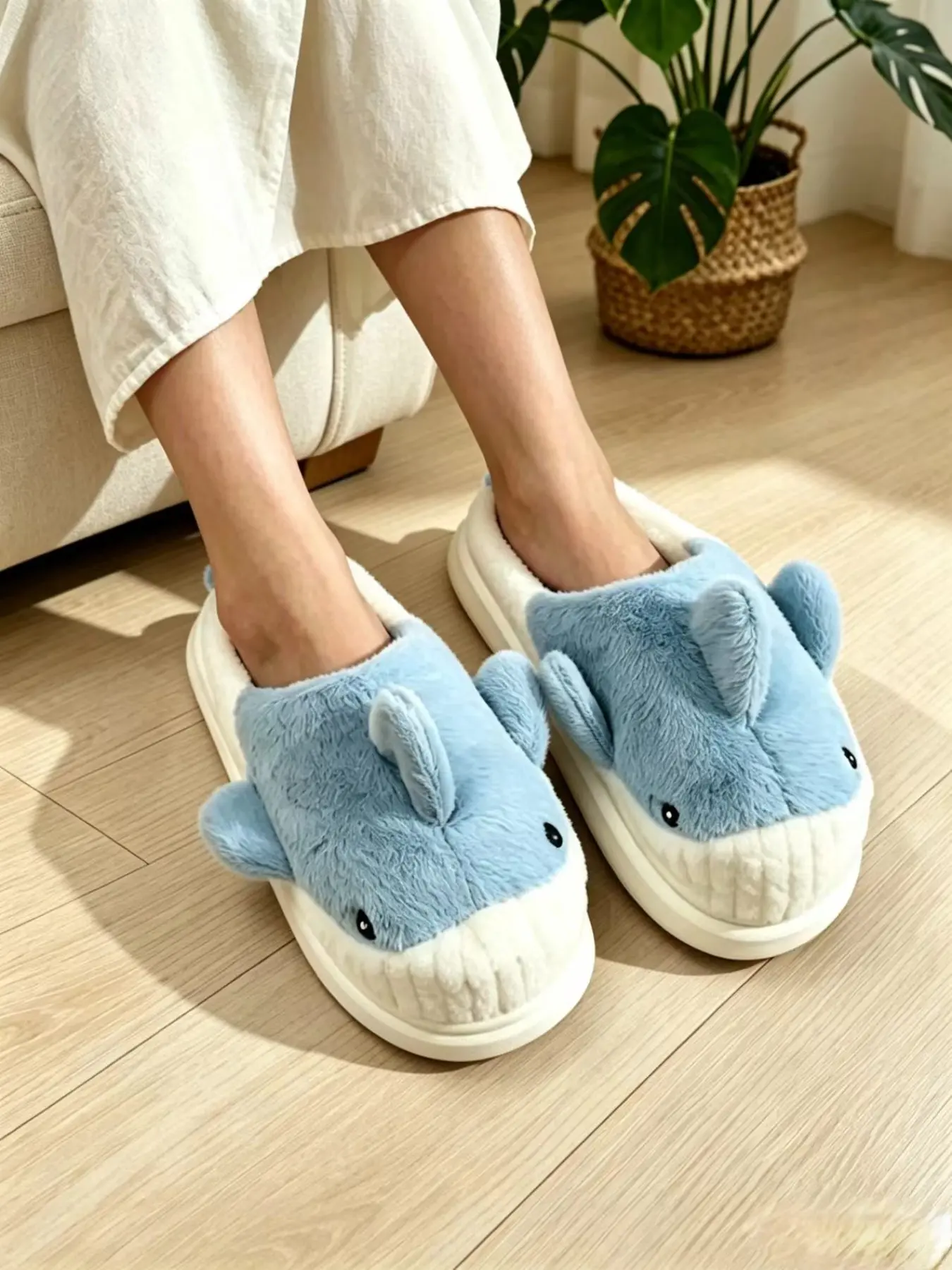 Women's Winter Whale Cotton Slippers, Indoor Home Eva Thick Sole Anti-Slip Soft Bottom Warm Fuzzy House Shoes, Casual Fall & Winter Footwear
