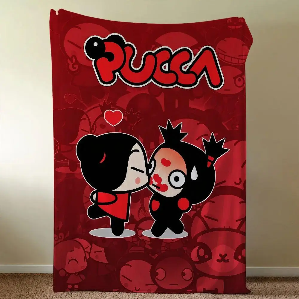 Cartoon Pucca Garu Flannel Throw Blanket Soft Plush for Bedroom Couch Birthday Gift
