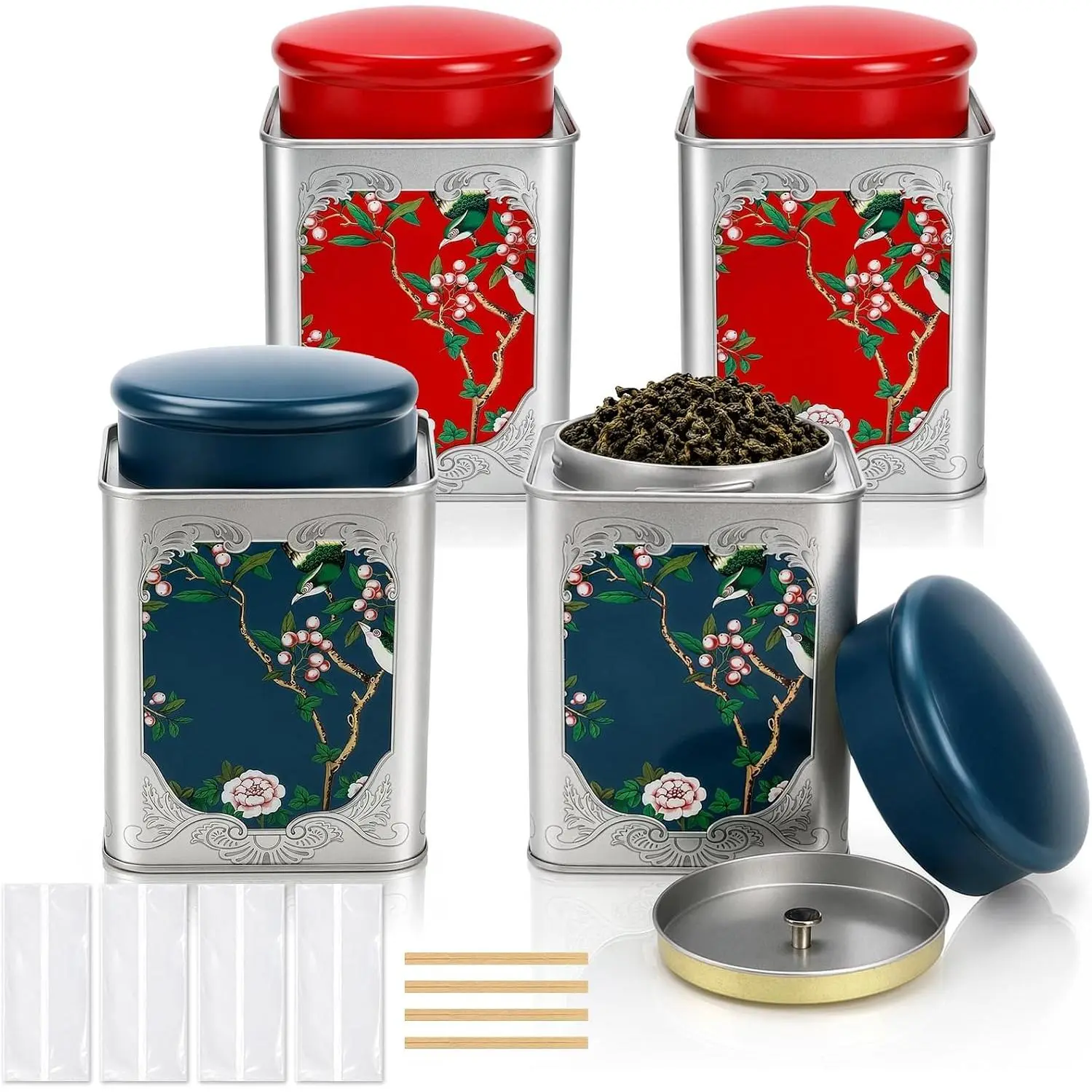 4 Pack Airtight  Tin Canister, 38 OZ Tinplate Empty Loose  Box, Chinese Style Jar with Double , Matcha Tin Containers,  Square Coffee Canisters for Candy Nut  Kitchen