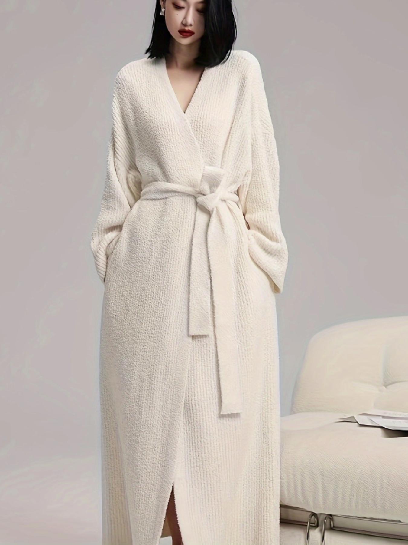 【COZY Soft Plush Feel】Women's Solid Color Thickened  Thermal Lined Long Sleeve Drop Shoulder Bathrobe, Loose Casual Soft Comfortable Thermal Warm Pocket Belted V Neck Dressing Gown for Women, Ladies Sleepwear for Winter