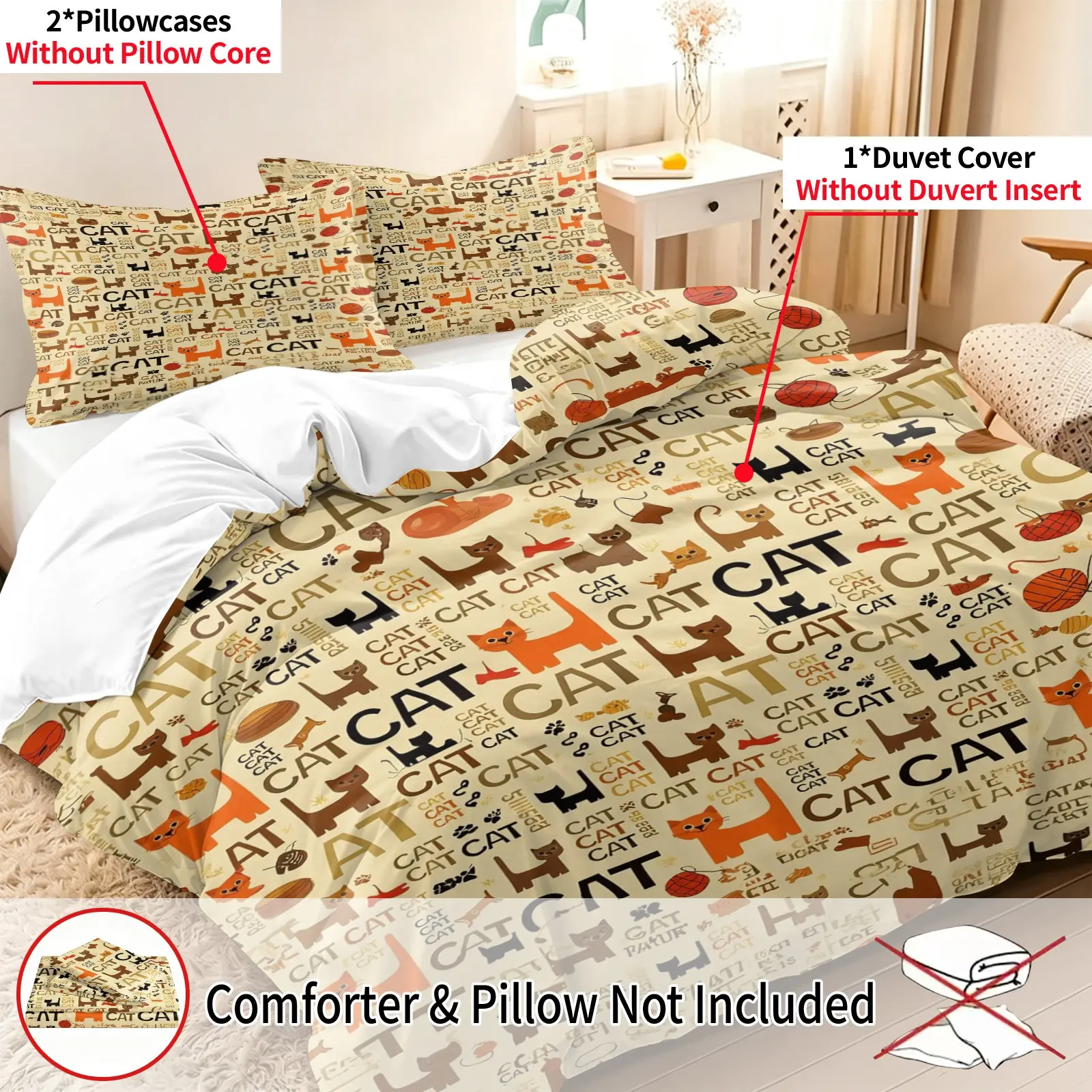 3-Piece Bedding Set with Cat Print, Includes Blanket and Pillowcases, Halloween Decor for Bedroom, Hotel, Dormitory, and Colors