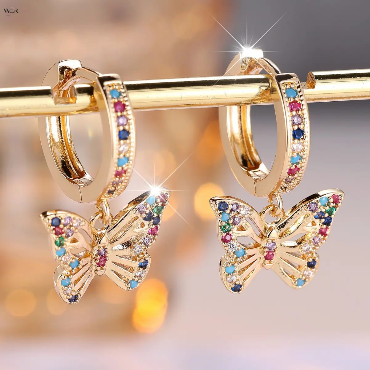Women's Feminine Copper Gold-Tone Multicolor Crystal Butterfly Hoop Dangle Earrings, Sparkly Rhinestone, Lightweight, 2.3cm Hoop, 1.3cm Drop, Secure Hinge, Comfortable Fashion Jewelry for Daily Wear, Party Gift