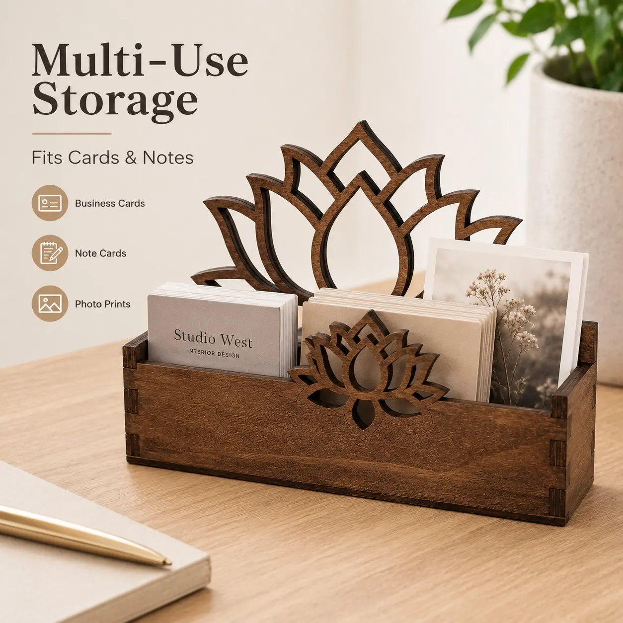 Lotus Design Business Card Holder, Photo Display Stand, Wooden Desktop Decorative Card Rack, Wood Photo Storage Box, Desk Decoration Frame