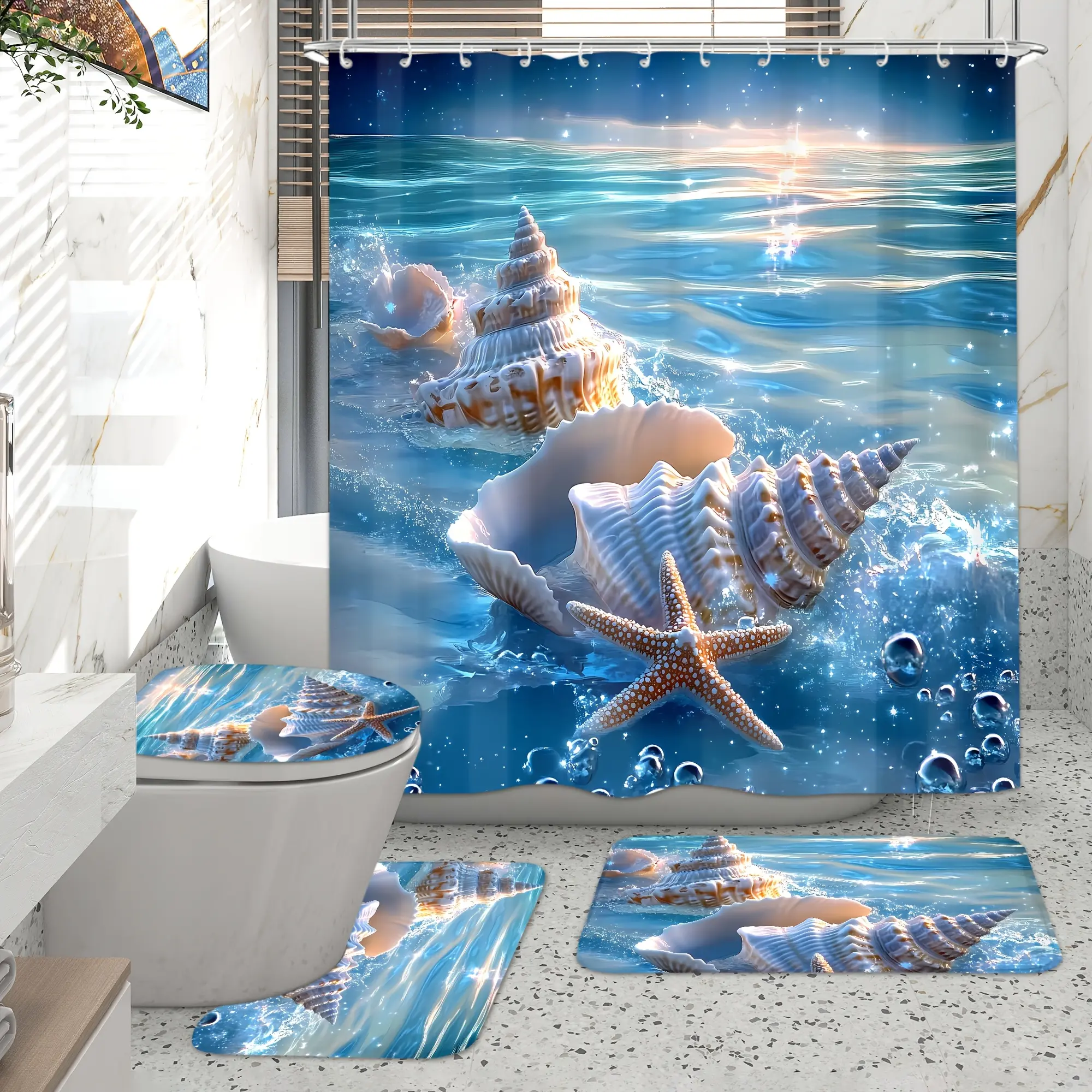4-Piece marine shell starfish printed shower curtain set, high-quality decorative bathroom combination including 12 hooks, non-slip floor mats, toilet cover and U-shaped mats, machine washable accessories, blue coral series retro and elegant