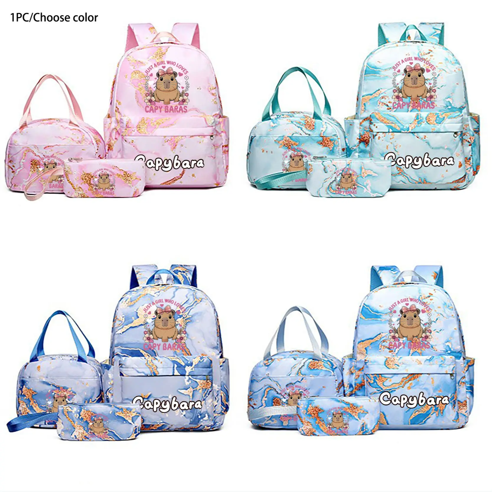 Cute Capybara Pattern School Backpack Set, High-Definition Print, Laptop Compartment, Lunch Box & Pen Case, Adjustable Straps, Perfect Gift