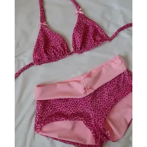 Women Halter Neck Triangle Bikini Sets Vintage 90s Aesthetic Bathing Suits Summer Boy Shorts Swimsuits Y2k Coquette Swimwear
