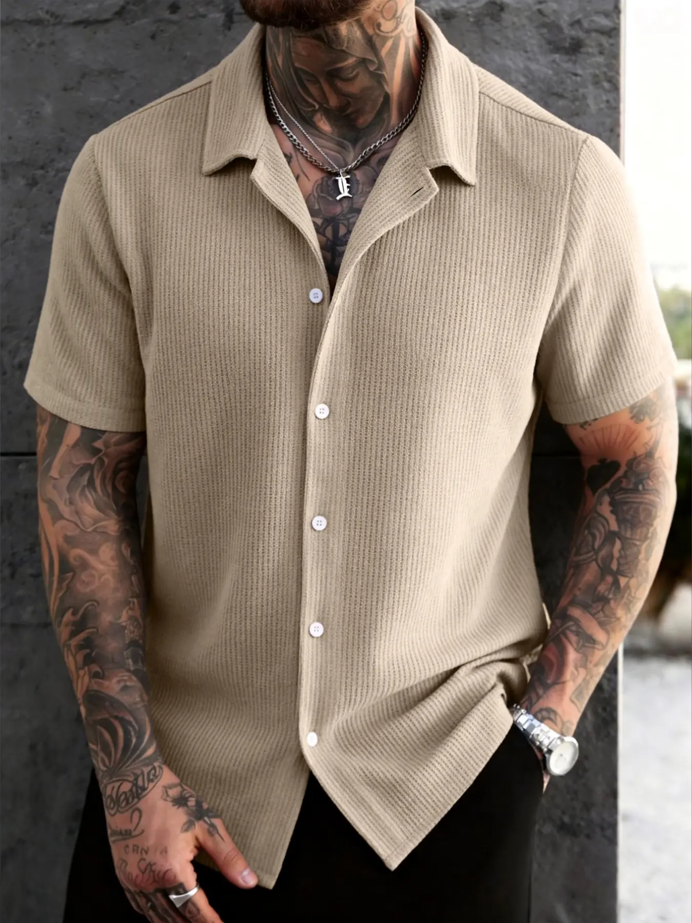 High-Quality Men's Collared Short Sleeve Shirt, Simple Plain Solid Color Fashion Casual Button-Up, Summer Beach Vacation, Daily Wear, Gift Idea, Top