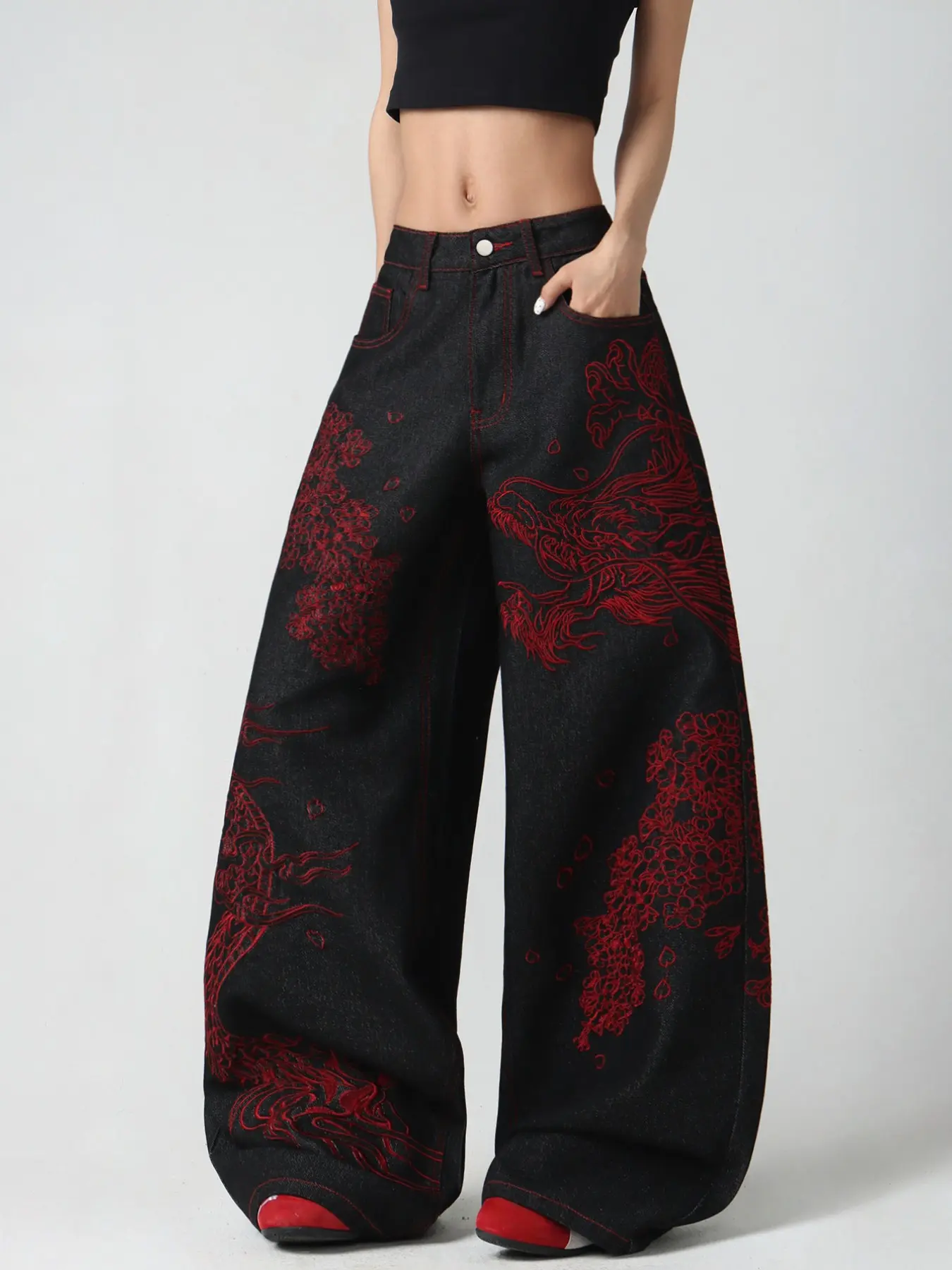 Women's High Waist Wide Leg Jeans, Denim Jeans Pants, Dragon Embroidery, Y2K Streetwear, Loose Fit, All Seasons, Trendy Fashion Pants, No Belt Included