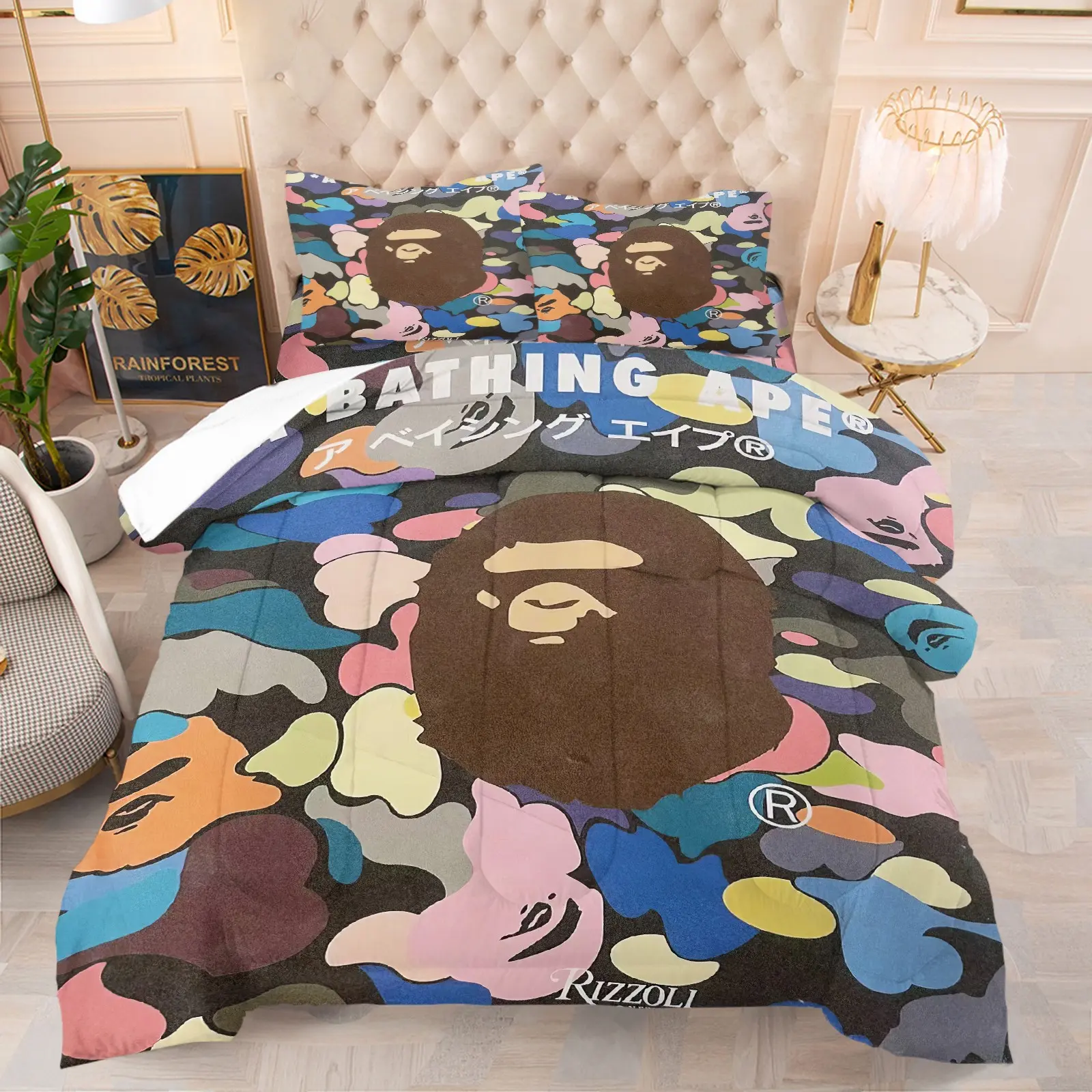 Vibrant Multi Color Camo Ape Street Fashion Comforter Bedding Set, 1 Comforter + 1-2 Pillowcases, HD Digital Printed, Soft Comfortable Skin-Friendly Washable Fabric, Cool Hip Hop Teen Room Decor All Season Quilt
