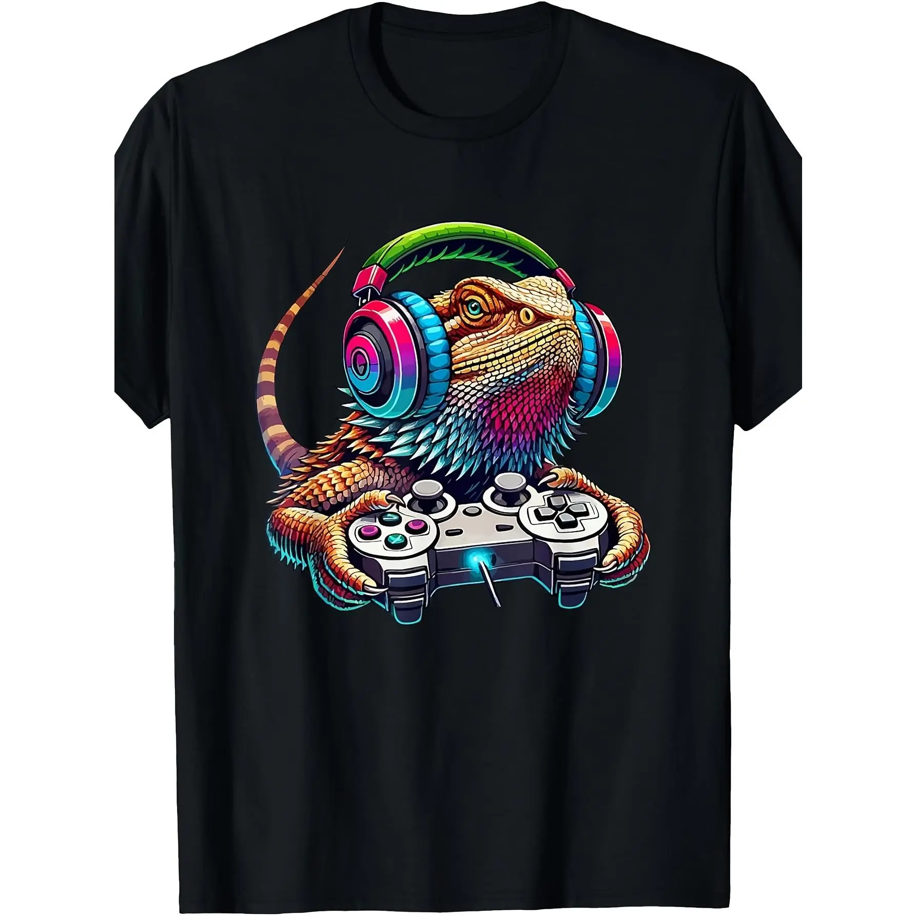 Bearded Dragon Gamer T-Shirt - Retro Bearded Lizard Graphic Tee with Bearded Dragon, Machine Washable Casual Round Neck Shirt Suitable for Gamers & Reptile Lovers, Year-Round Wear for Gaming Events & Everyday OutfitsStreetwear Menswear Basic Print Soft