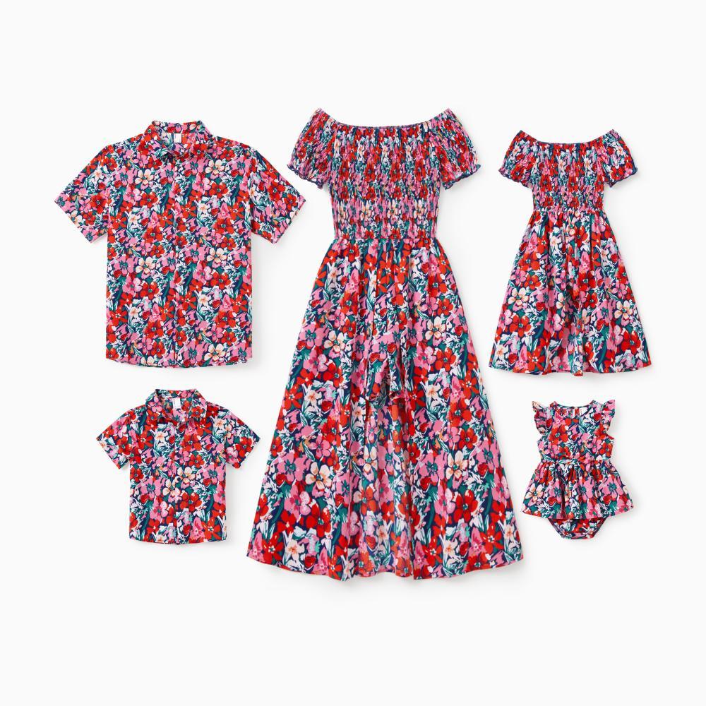 PatPat Family Matching Floral Print Short-sleeve Shirt or Off Shoulder Smocking Dresses Set Spingtok