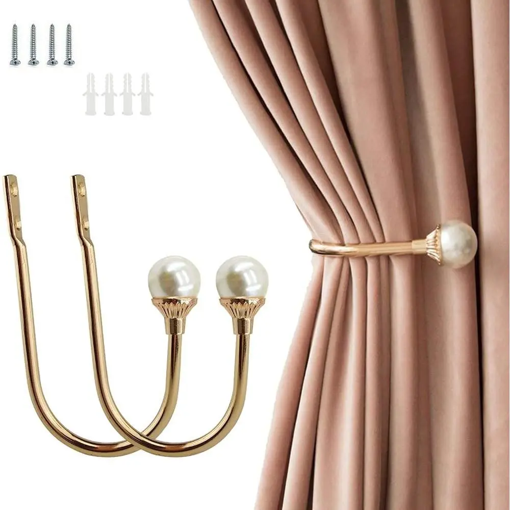 Thick Iron Gold U-Shape Plastic Pearl Curtain Holders, 2-Pack Wall-Mounted Curtain Tiebacks with Screws for Home Room Decoration
