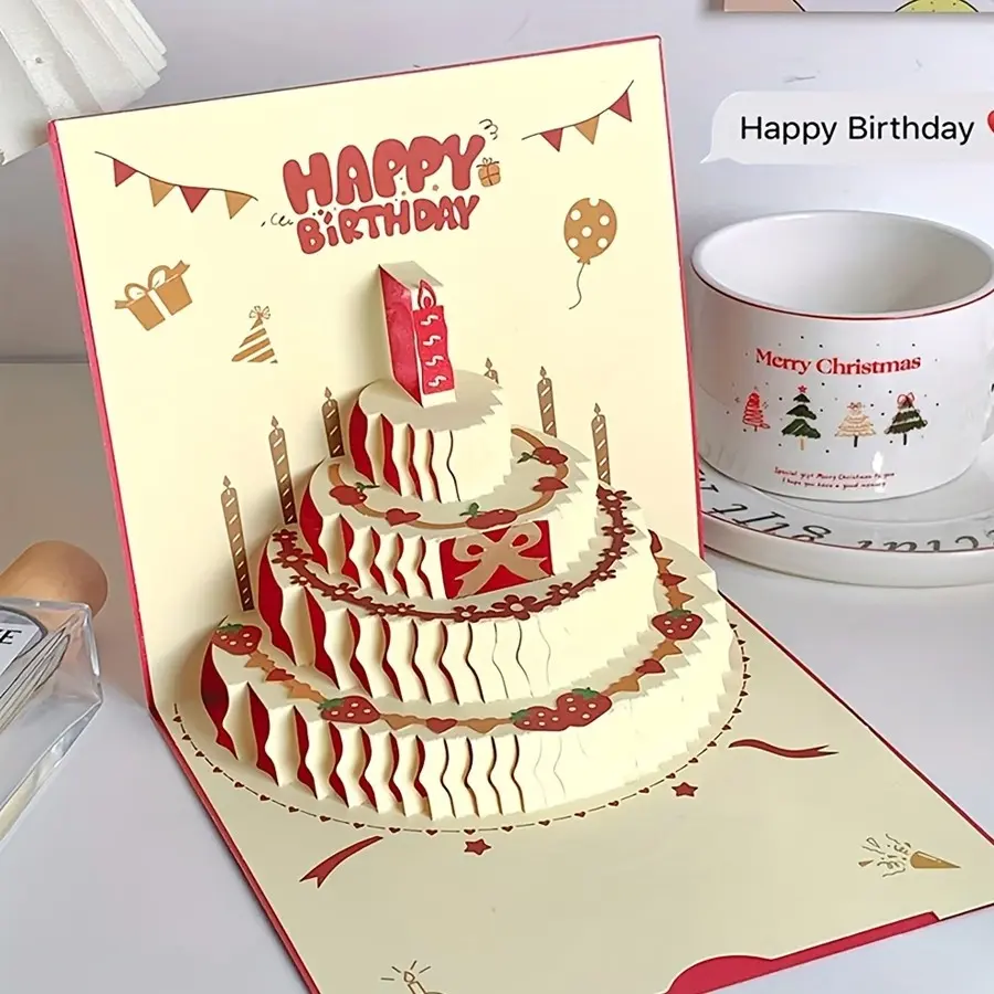 Birthday Card, 3D Cake Candle Design, Colorful Happy Birthday Card, Perfect Gift for Birthday Party, Unique and Festive Decoration