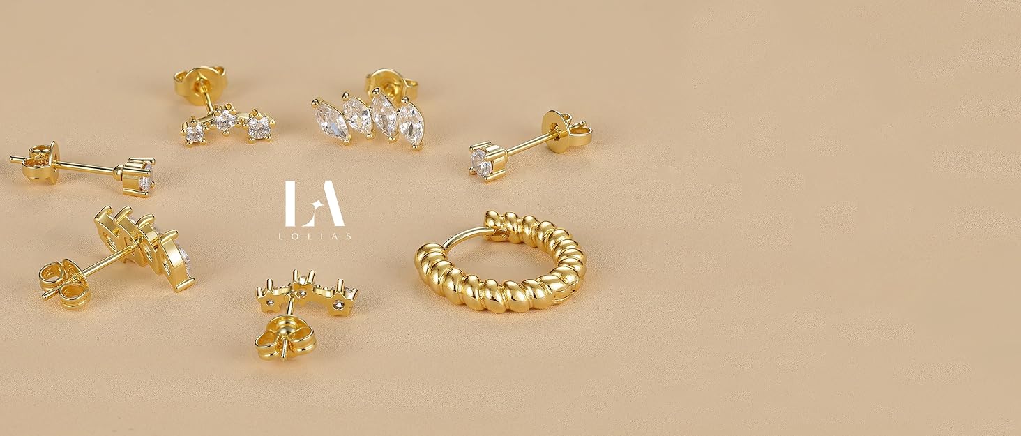 LOLIAS Gold Hoop Stud Earring Stacks for Women - 14K Gold Plated Chain Cartilage Earrings Cute Hypoallergenic Silver Huggie Earrings Sets for Multiple Piercing Jewelry Lightweight 8Pairs