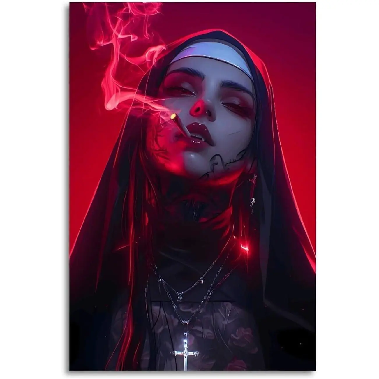 Tattooed Nun Smoking on Red Background Wall Art Print Vintage Canvas Wall Art Wall Decor Aesthetic Modern Living Room Bathroom Decor Poster 16x24inch(40x60cm) Unframe-style