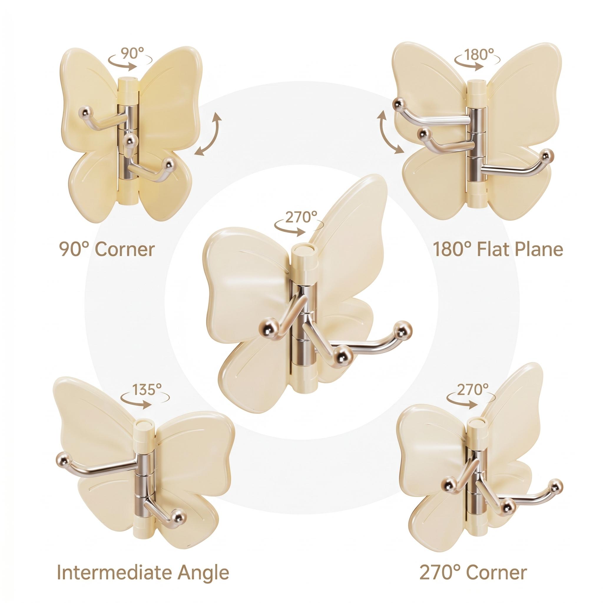 【DealsForYouDays】4-Pack Punch-Free Butterfly Rotatable Corner Hooks, Multi-Angle Fit 90°/180°/270° Walls, 3 Swivel Hanging Rods Self Adhesive Wall Hook for Towels Hats Keys Hair Accessories-YY