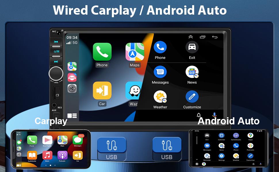 7 Inch Apple Carplay 2 Din Car Radio with Android Auto Bluetooth Handsfree Touchscreen Car Radio with Mirror Link FM/AUX/EQ/TF/AUX/SWC + Rear Camera+Microphone