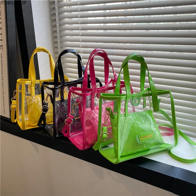 Trendy European American Jelly Tote Bag, Large Capacity Transparent Fashion Handbag, Holiday Beach Mommy Shoulder Bag