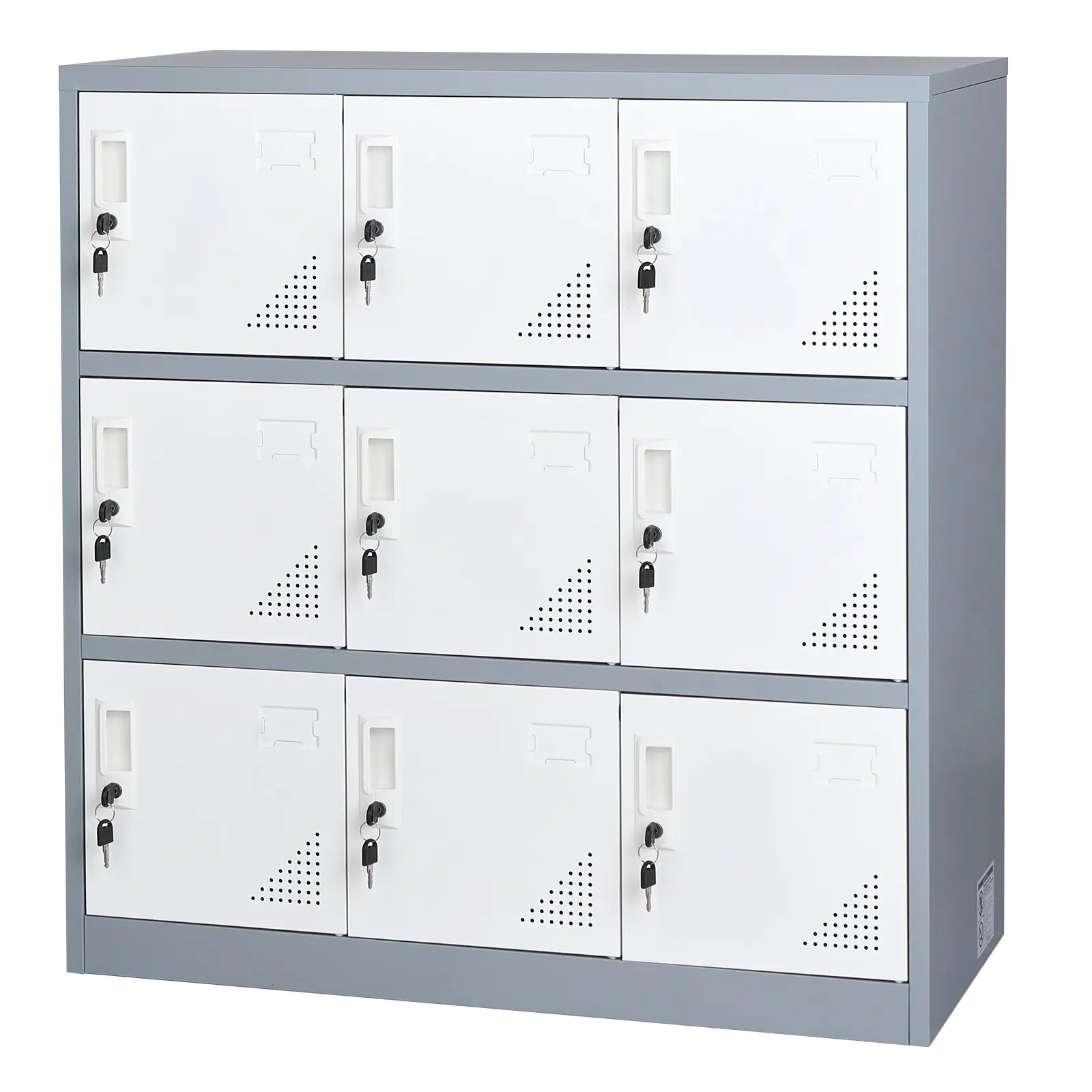 9 Doors Metal Locker, 66 lbs Loading Capacity, 2 Keys for Each Door, 3 Tiers Employee Lockers for Office, 35.4 x 17.7 x 37 in, Lockable Steel Storage Cabinet, School, Gym, Easy Assembly, Gray