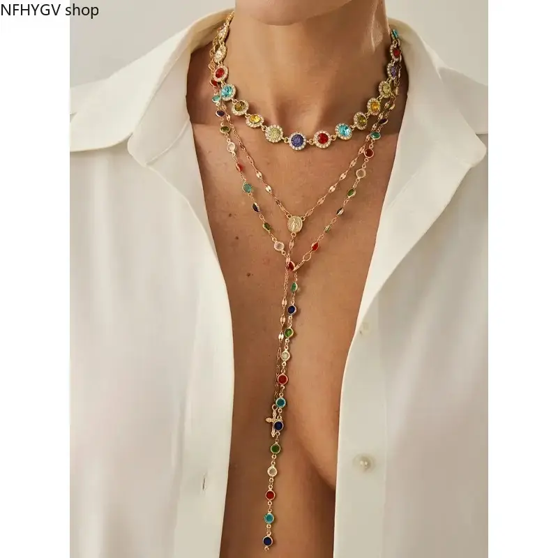 Boho Women Alloy Layered Necklace Set, Colorful Crystal Retro Bohemian Pendant Jewelry, Elegant All-Match Neck Accessory For Daily Casual Wear Vacation Styling And Holiday Gifting