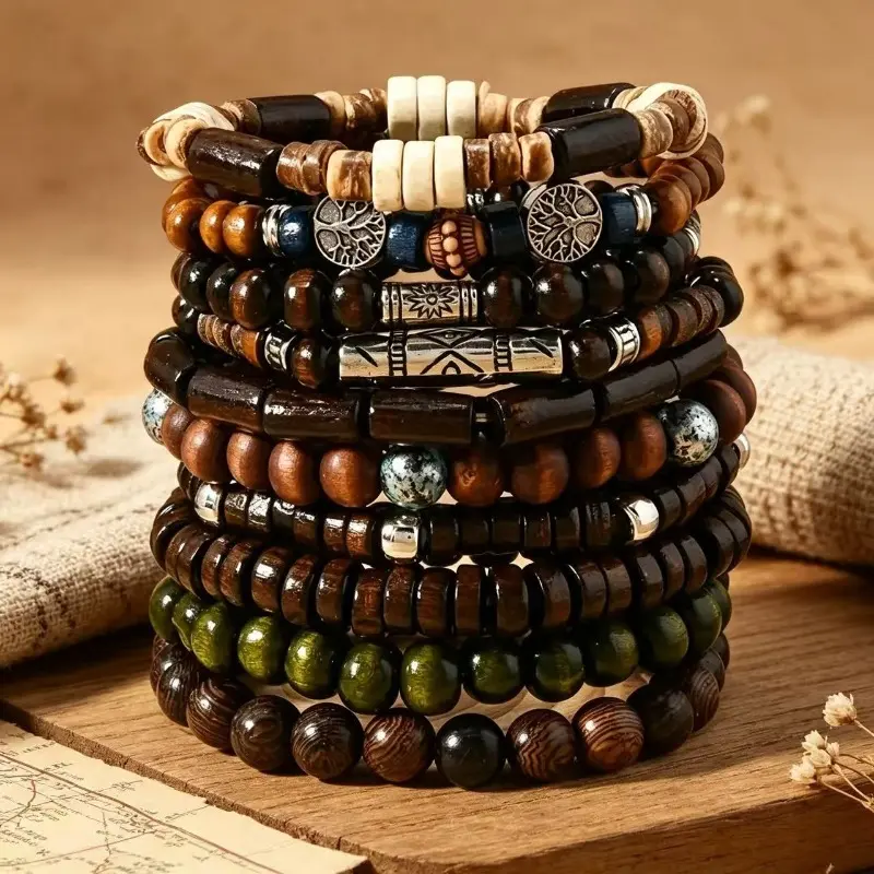 10Pcs Hand-Crafted Bohemian Beaded Bracelet Set with Adhesive Resin, Unisex Wooden Bead Stackable Wrist Chains, Flexible Fit, Ideal for Beach Trips & Daily Outfit Gift (Sports & Outdoor Camping Accessory)
