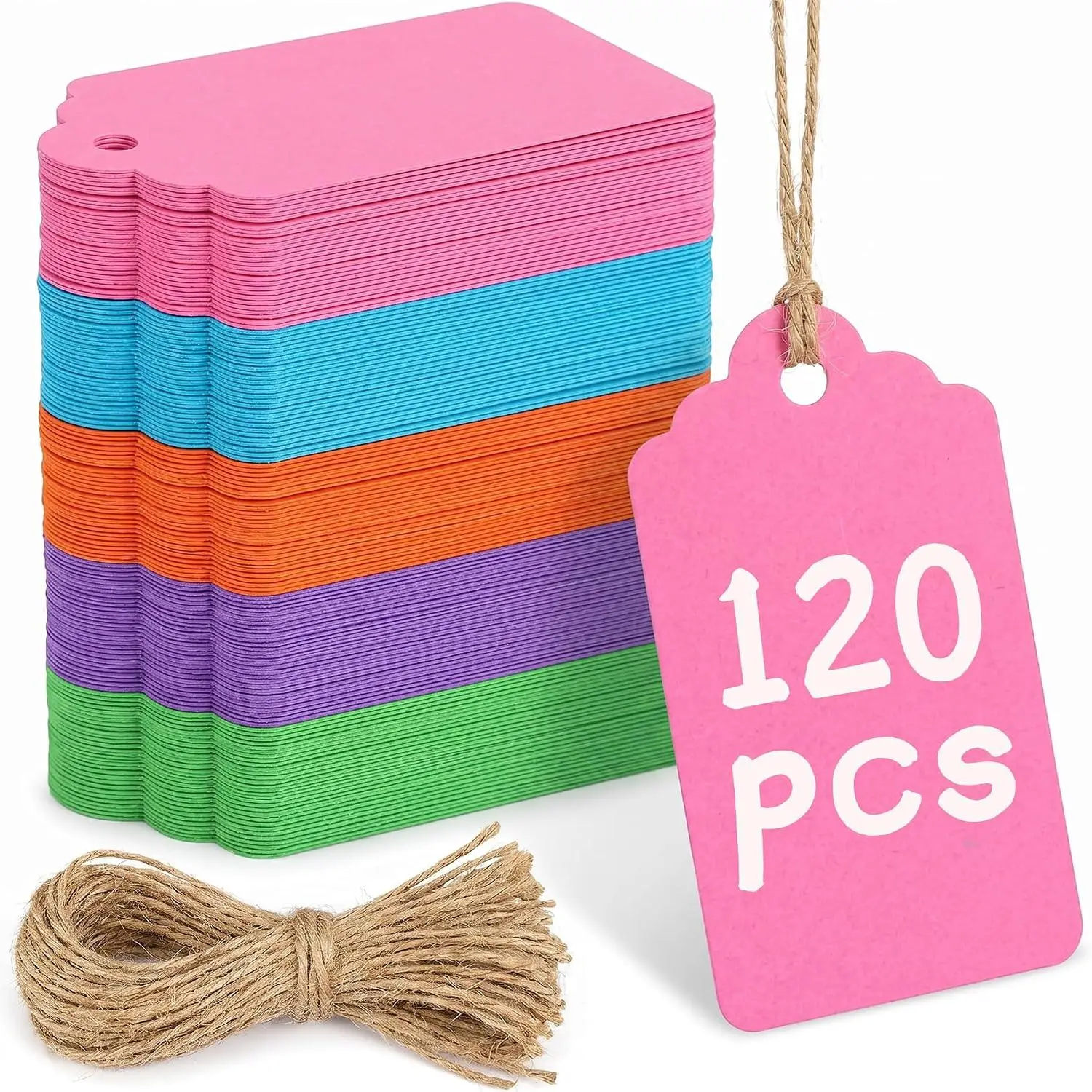120 count  Tags with String Attached, 1.6 x 2.8 inch Colored Paper Hang Tags for Clothes DIY Crafts Wedding Holiday