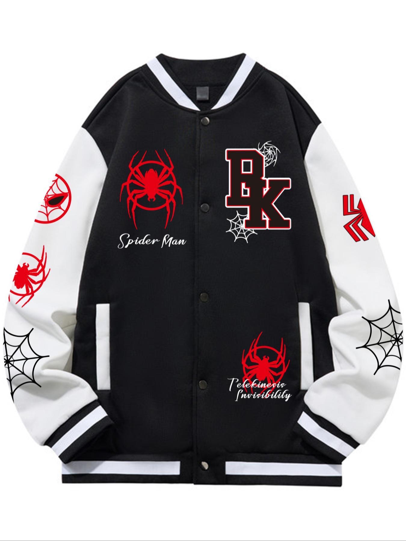 Spider-Man Street Style Baseball Jersey Jackets, Patchwork Sleeves, Full Spider Logo, Fitted Design, Fall & Winter Fashion