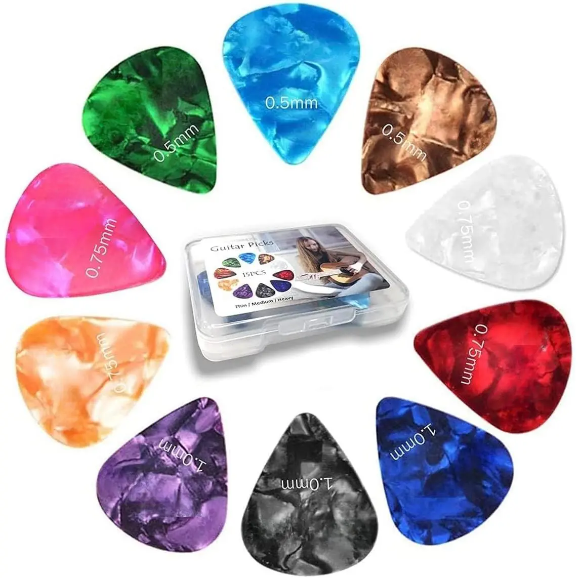 15 Pack Guitar Picks Variety Pack with Organizer Box | Colorful Celluloid Picks in Thin Medium Heavy Gauges, 0.5mm 0.75mm 1.0mm for Acoustic Electric Guitar Bass Ukulele