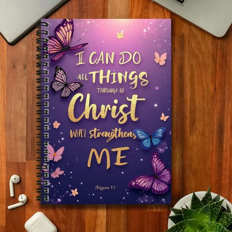An inspirational Bible verse spiral notebook, featuring the eye-catching phrase "I can do all things through Christ who strengthens me," paired with a dreamy butterfly and starry sky design. Suitable for work records, study notes, and makes a thoughtful g