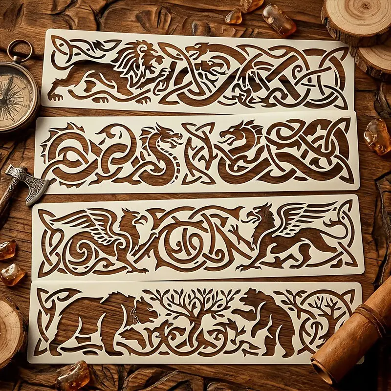 Viking Norse Mythical Creatures Template Set, Celtic Knot Totem, Wood Carving Leather Stamping Tool, DIY Craft Essential, Geek Gift