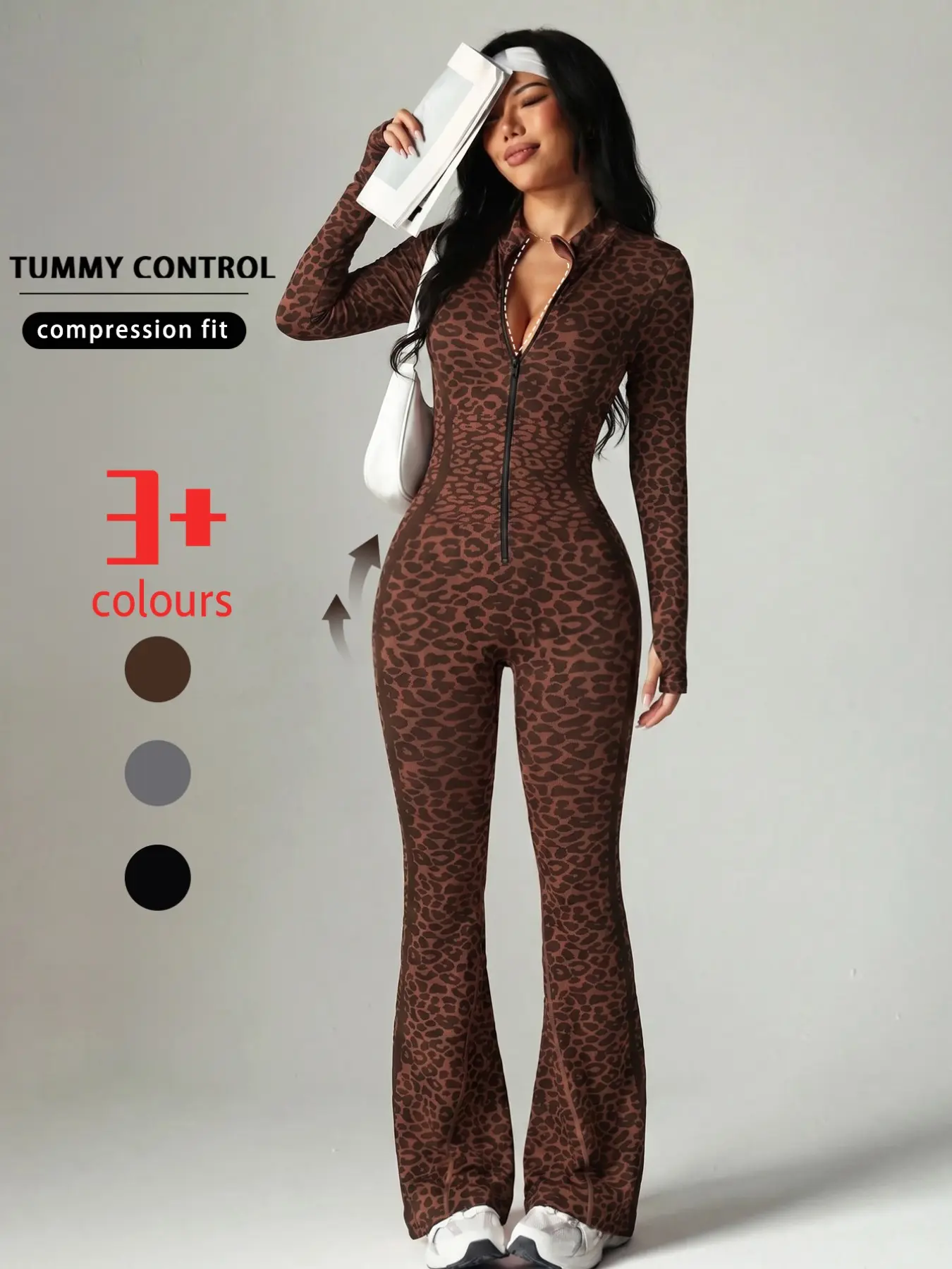 Leopard Print Yoga Set, Flared Pants with Zipper, Long Sleeve Thumbhole Design, Women's Sportswear for Gym and Outdoor Wear, Activewear for Yoga