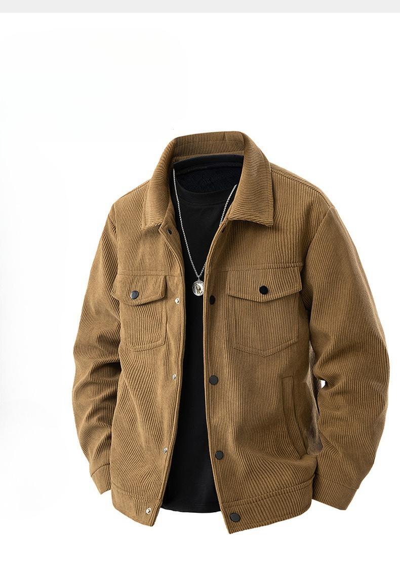 BIGWIG autumn and winter men's corduroy jacket, lapel work jacket, men's warm jacket, men's coat, easy to care for, solid color design, autumn layering items, full zip quilted lining, casual loose warm, vintage wool coat