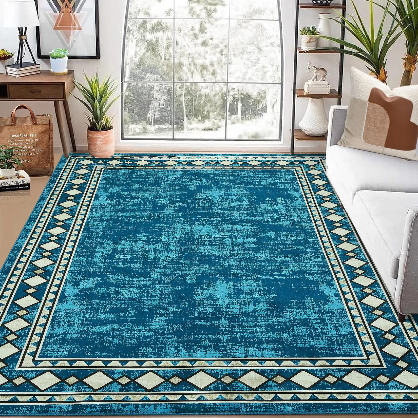 Machine Washable 9x12 Teal Modern Bordered Area Rug, Non Slip Stain Resistant Soft Polyester Accent Carpet for Living Room Bedroom Decor, Multiple Colors and Sizes Available
