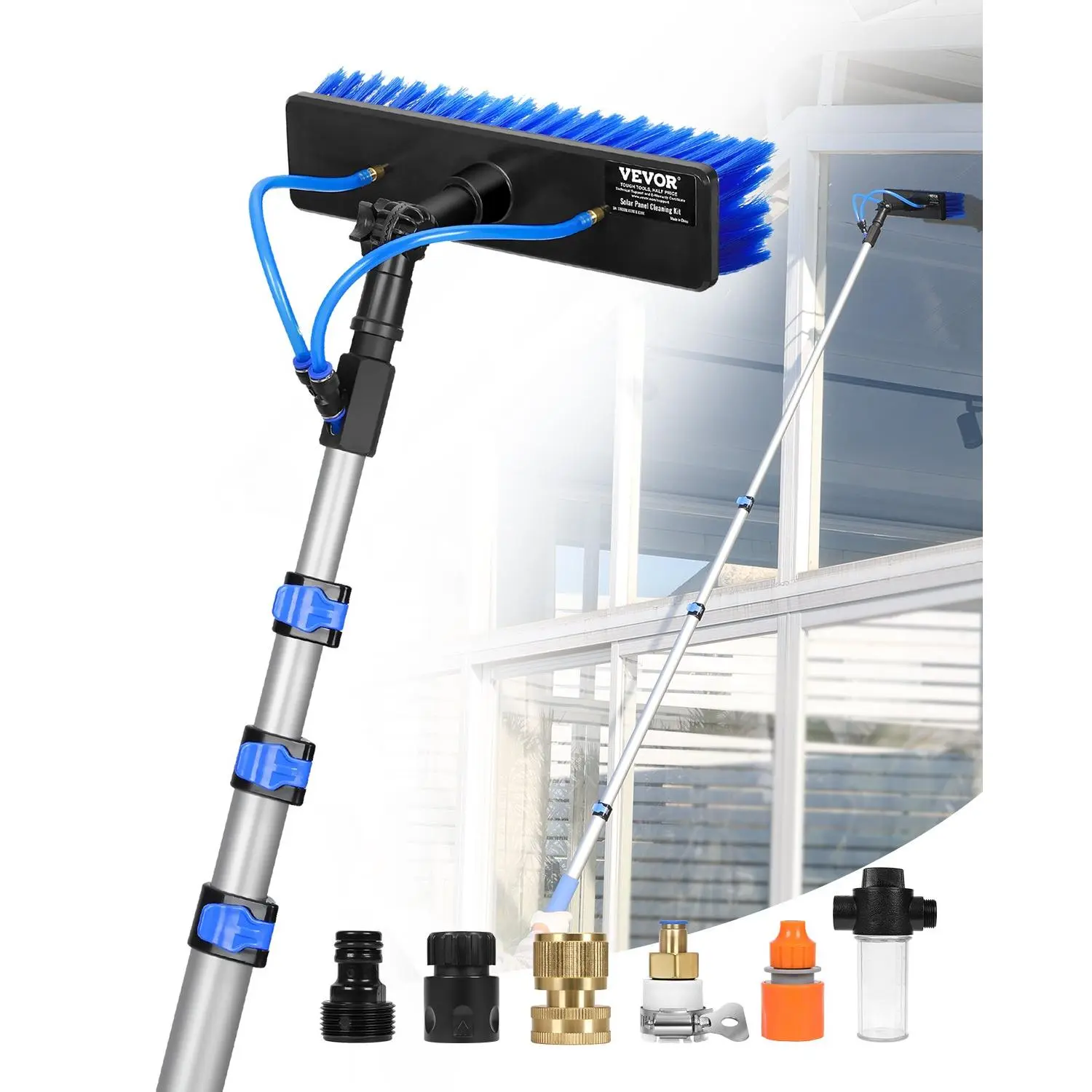 【toolupgrade】VEVOR High-Reach Clean Water Fed Pole Kit Set, 12FT Extendable Handle Solar Panel Cleaning Pole, 180-Rotating Head, 65.6FT Hose, Outdoor Window Cleaner Tool for Caravan Deck