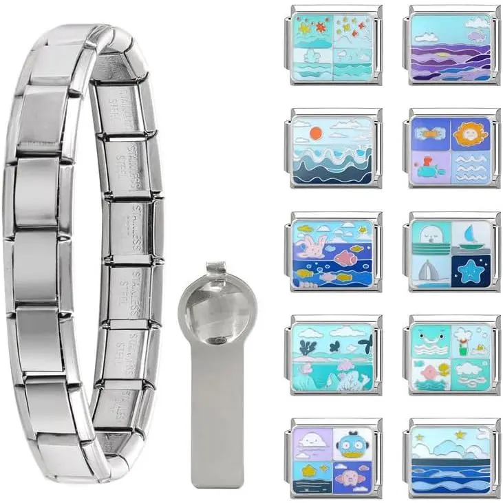 Italian Charm Bracelet Sets with 1 count Start Bracelet,10Pcs Module Charms and Opening Tool DIY Removable Charms Stainless Steel Links  Gifts