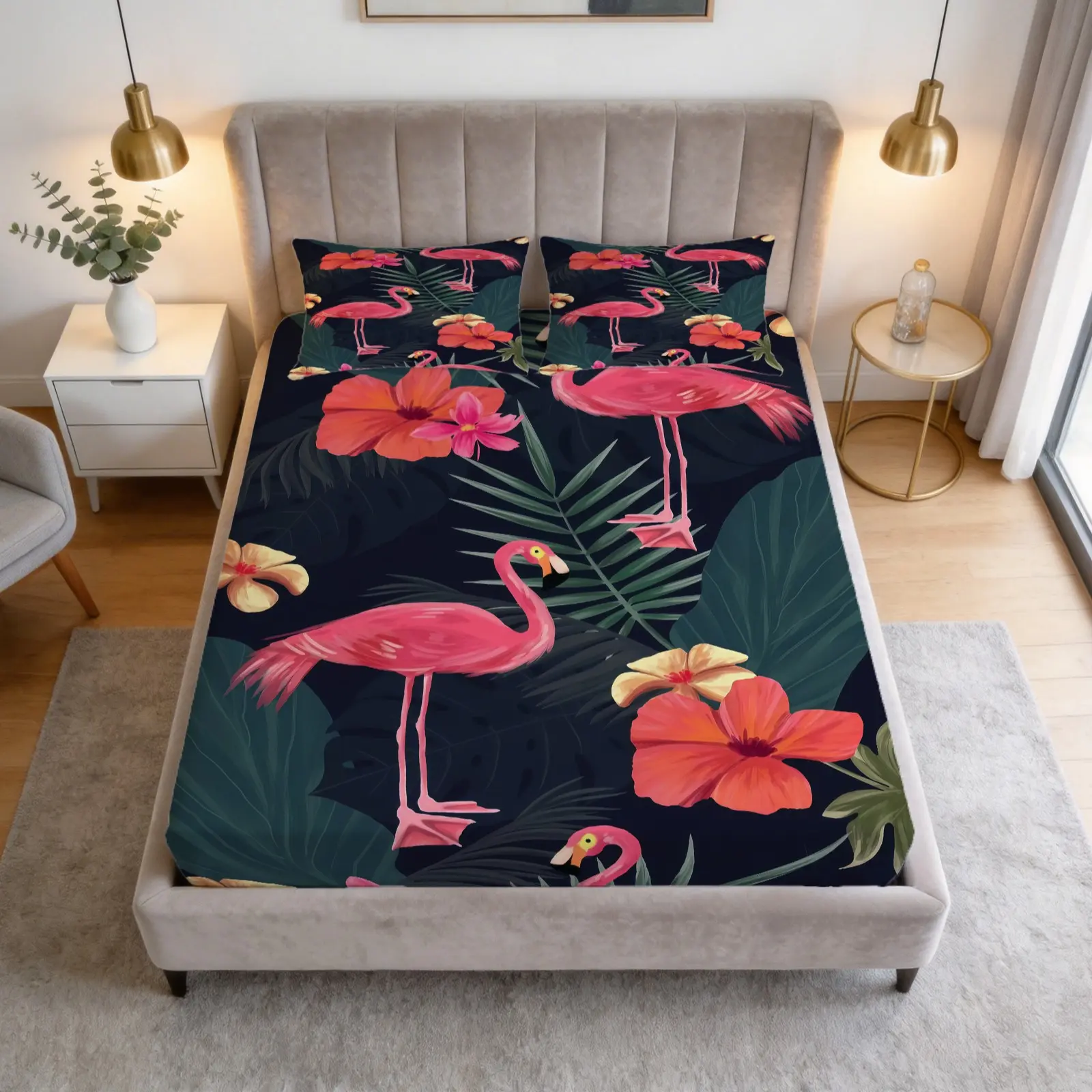 Flamingo Printed Pattern Bed Sheet Set, 1 Bed Sheet With 2 Pillowcases (Excluding Pillow Core), Suitable For Teenagers And Adults, Suitable For Bedroom Decoration