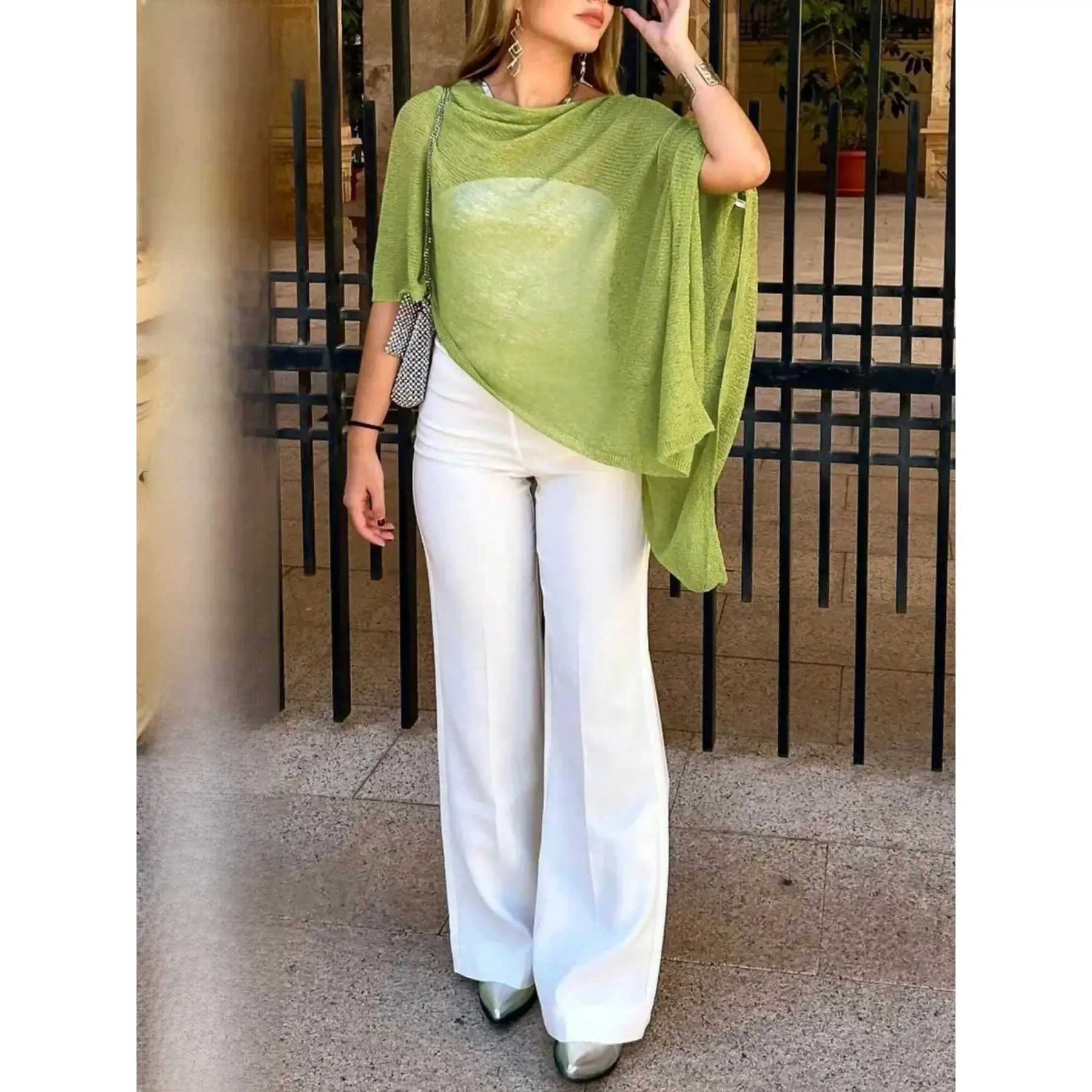 Fashion Elegant Minimalist Lightweight Breathable Multi-Wear Loose Knitwear Shawl Pullover, Casual Daily Wear, Spring & Fall, Plain Design, Womenswear, Fashion Knit Clothing