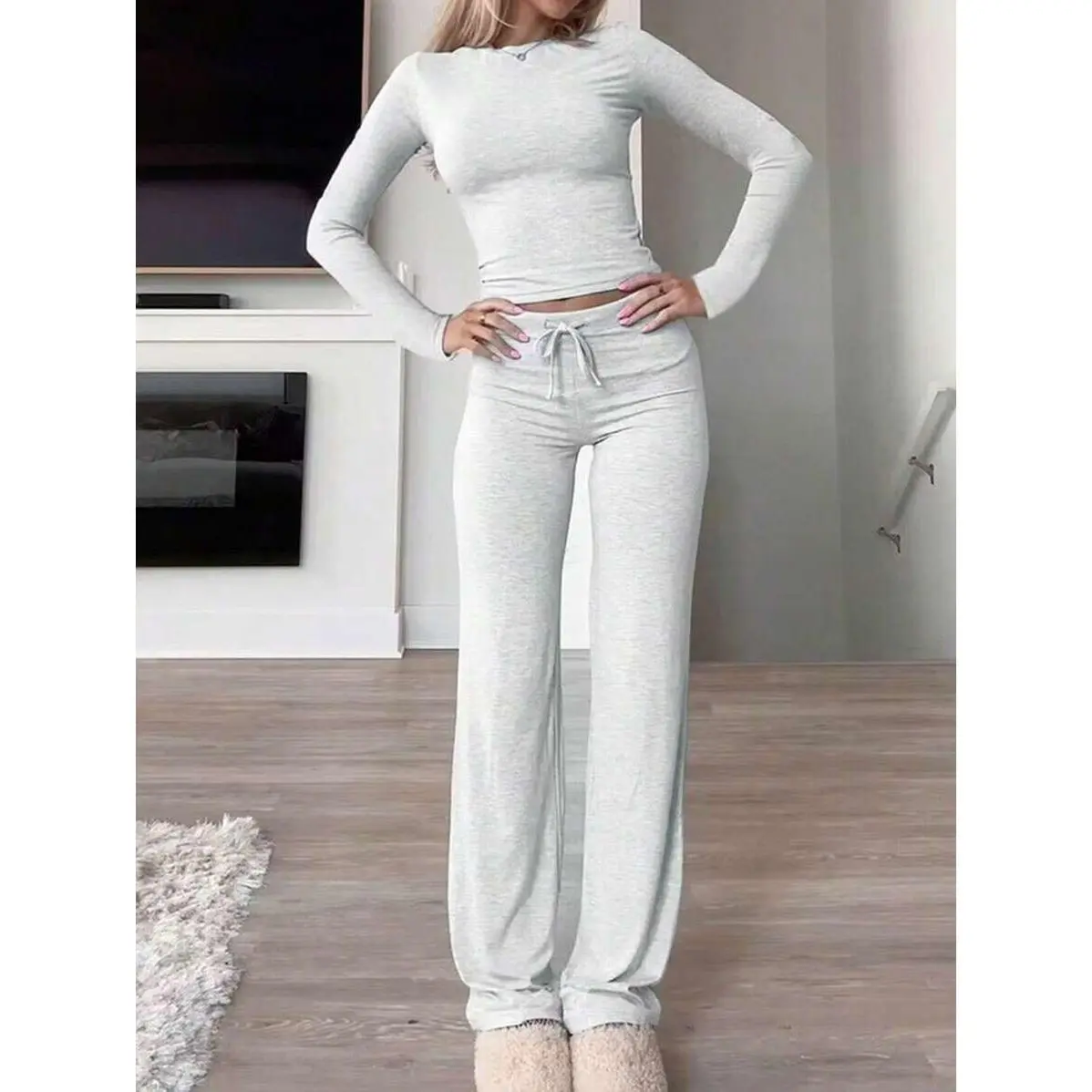 GAOVOT Women's Y2K Style Spring/Summer Sports & Casual Solid Color Fitted Long Sleeve T-Shirt And Drawstring Long Pants 2-Piece Set Elegant
