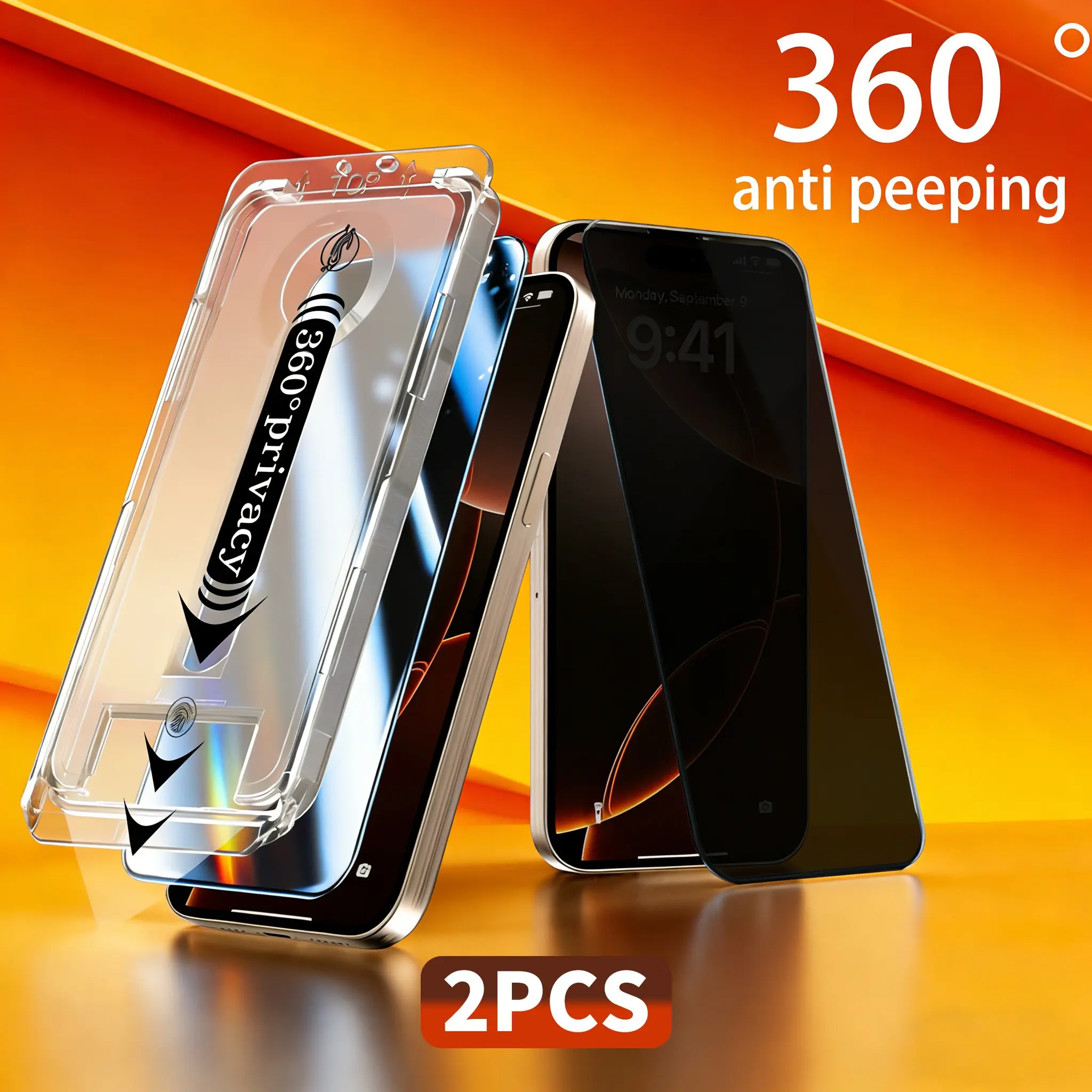 [2PCS] 360° Privacy [4 sides Privacy] Screen Protector Smartphone [UP, DOWN, LEFT, RIGHT] Anti-Spy, Tempered Glass, 9H scratch-resistant，electroplated hydrophobic layer，Full Protection，One-click dust-free installation, Mobile Phone Accessory