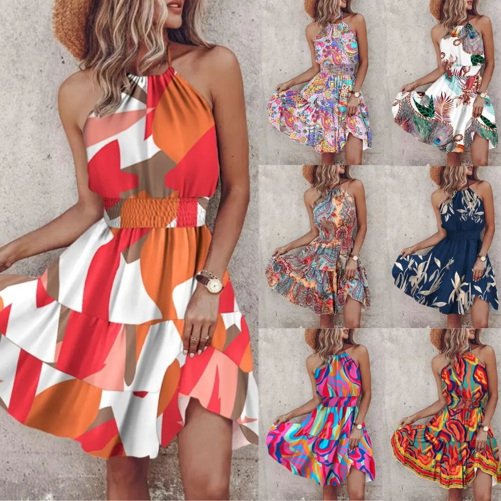 Abstract Marble Print Halter Sling Neck Elastic Smocked Waist Multi Layer Ruffle Hem Flowy Vacation Mini Sundress