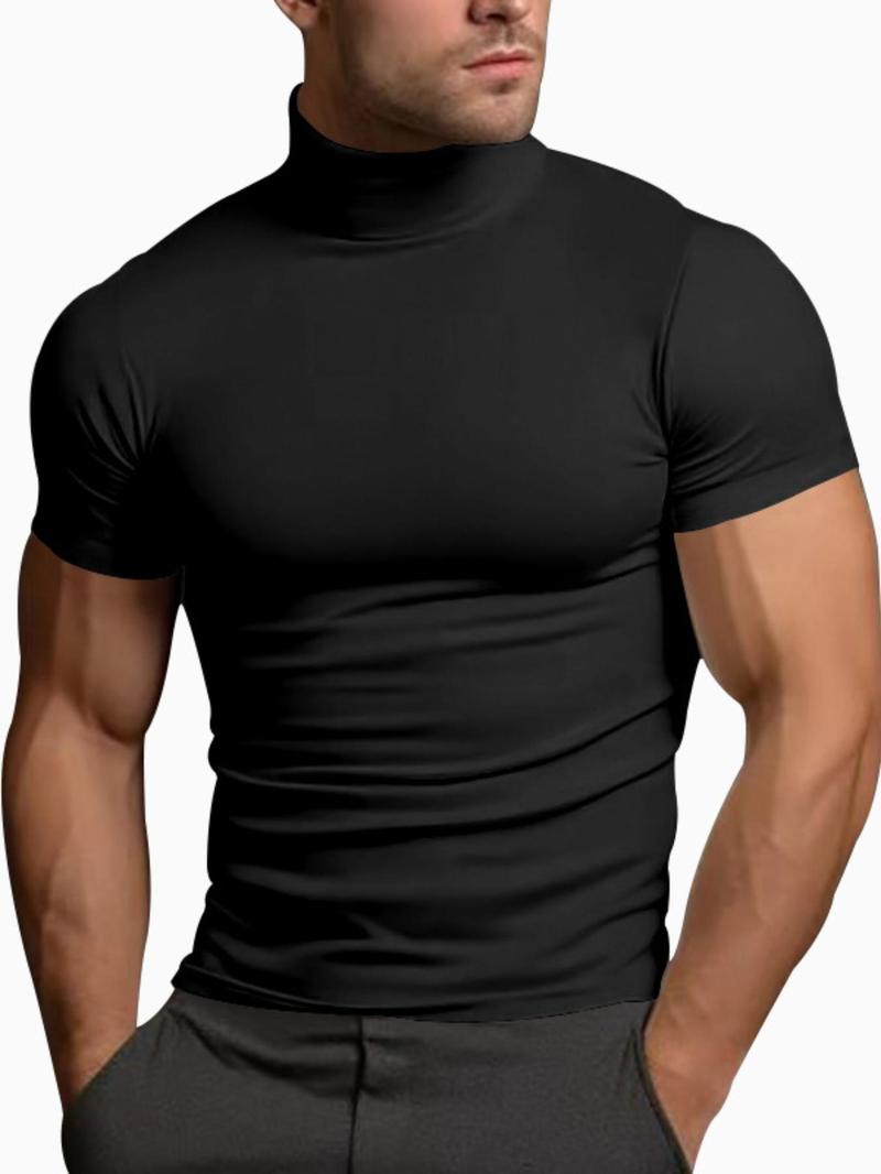 Men's Solid Color Turtleneck Tee, Casual Comfy Short Sleeve T-shirt for Summer, Men's Top for Daily Wear, Tropical