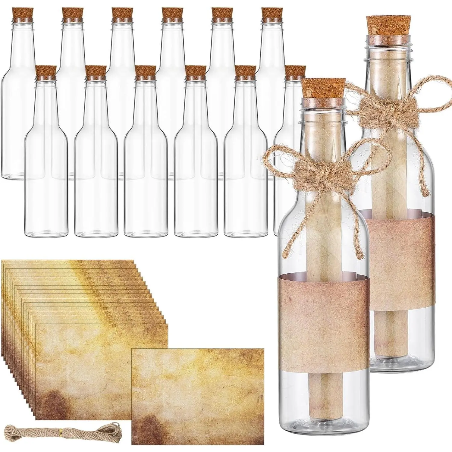 12 Pcs 5.6 oz Message Bottles with Letter Printer Paper Plastic Bottles & Corks Twines for Message Invitations Birthday Wedding Baby Shower DIY Crafts Gift Party Favors (Vintage)