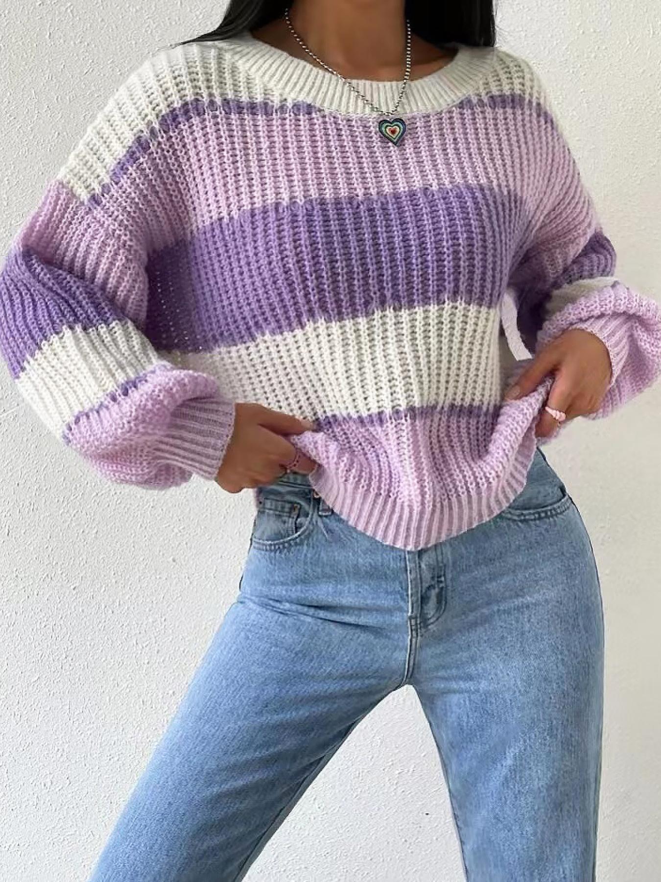 Women's Colorblock Bishop Sleeve Round Neck Sweater Without Necklace, Casual Long Sleeve Jumper for Fall & Winter, Tops, Women's Knitwear for Daily Wear