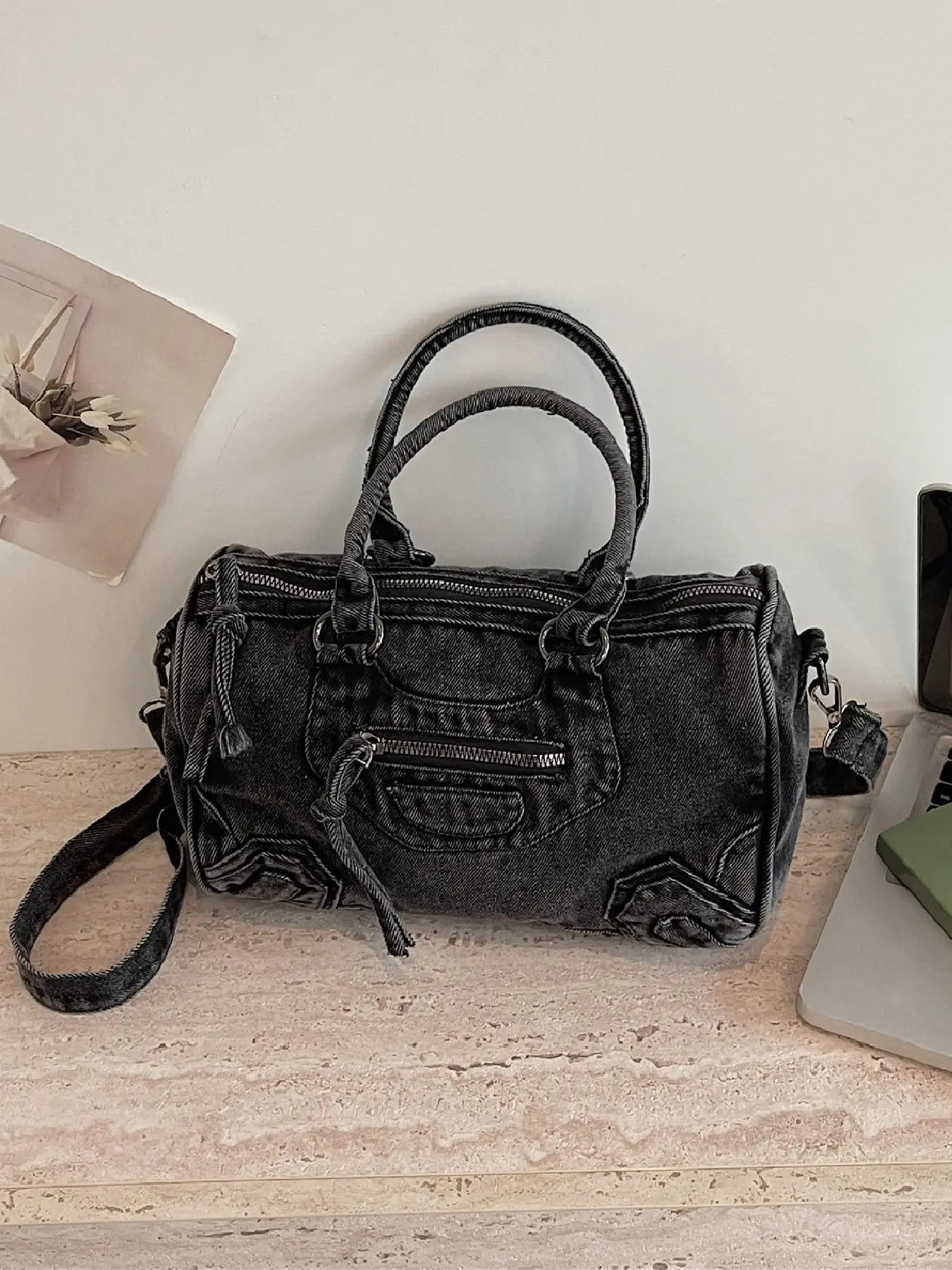 Vintage multi zipper motorcycle style Boston handbag, detachable long shoulder strap, women's casual outdoor shoulder bag crossbody bag.