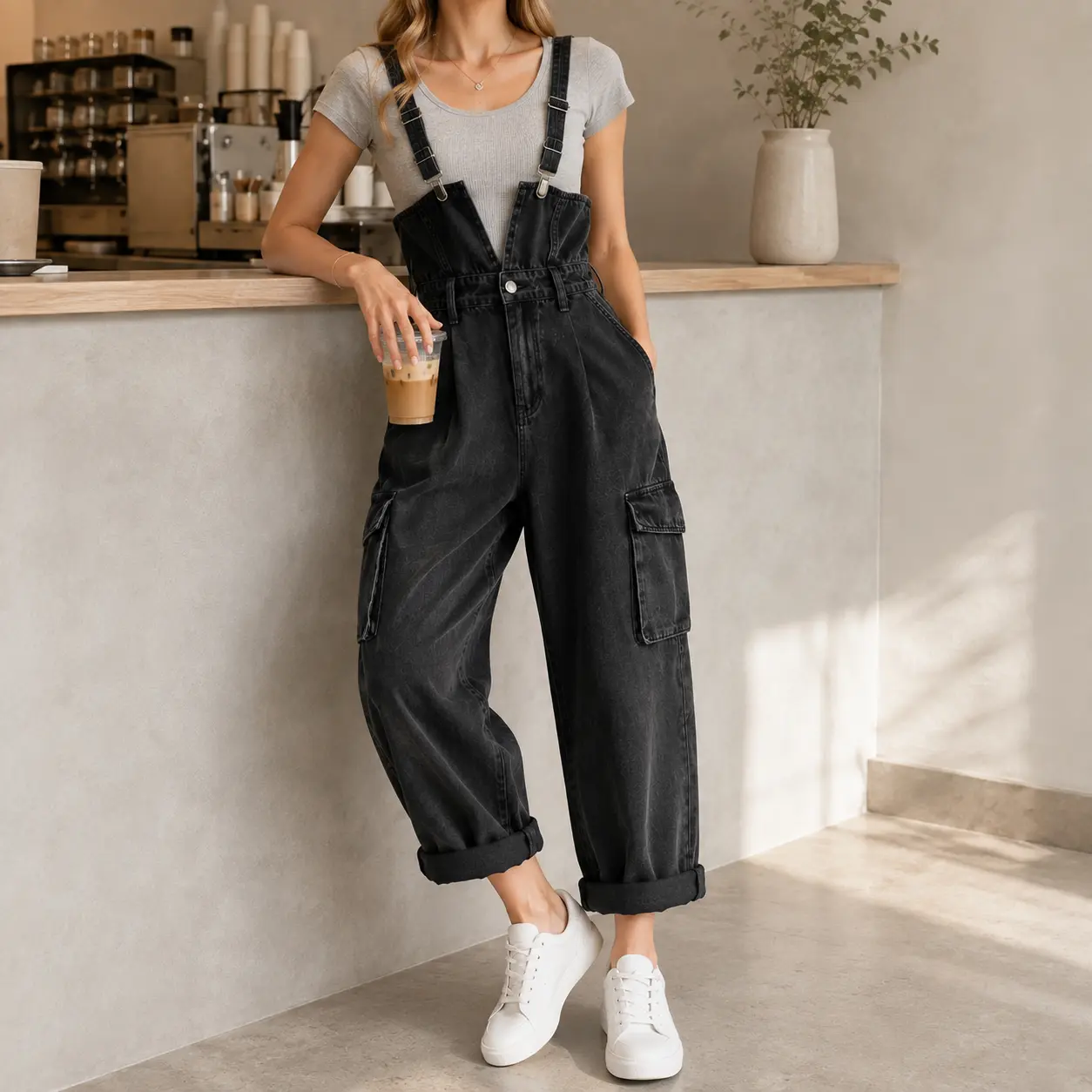 Women’s Black Denim Overalls Cargo Jumpsuit, High Waist Wide Leg Jeans with Adjustable Straps and Utility Pockets, Loose Fit Casual Streetwear Romper for Everyday Travel