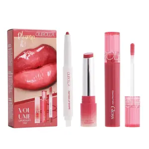 Trio Color Makeup Set Matte Lip Liner Glossy Lip Gloss Lipstick Easy to Apply Plumping Lip Glaze
