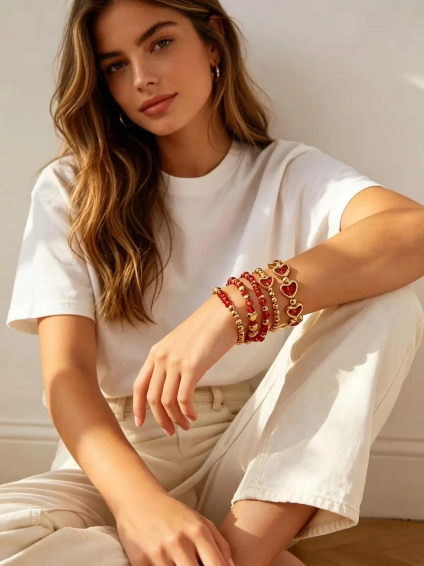 5-Piece Vintage Multi-Layer Beaded Heart Charm Bracelet Set, Perfect Gift for Women, Ideal for Valentine's Day, Parties, Proms, Dates