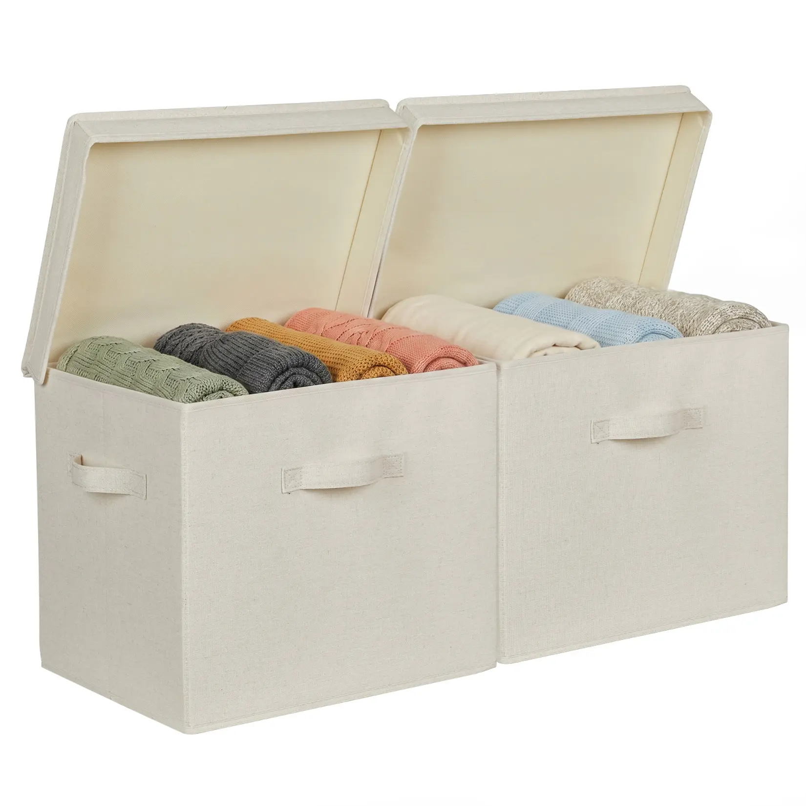3-Pack Collapsible Fabric Storage Bins with Lids, Large Stackable Closet Organizer Boxes, 15x11x12.5", Reinforced Handles, Beige Bins